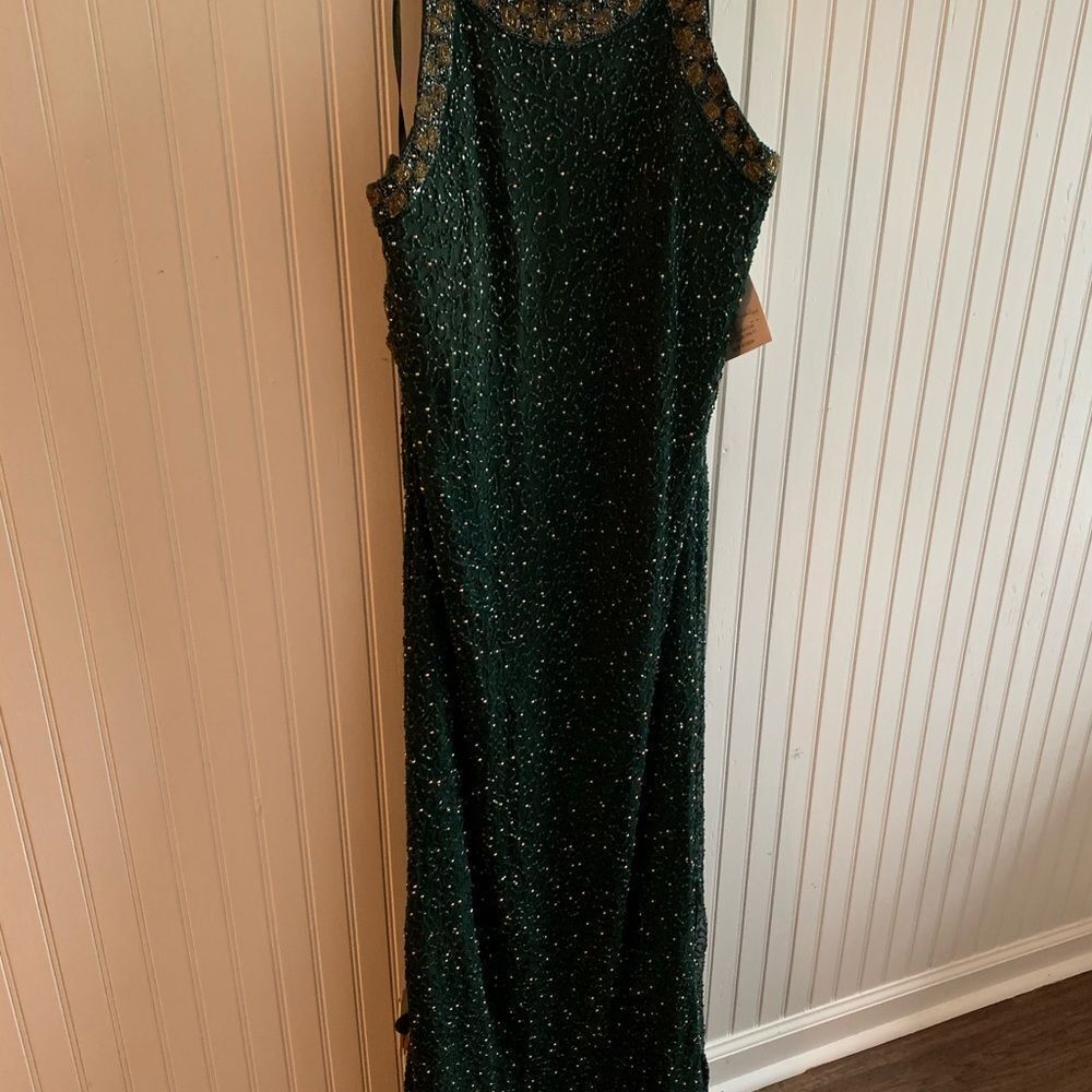 Vintage 90s Riva Designs Cocktail Prom Green Gold Beaded Gown 1x